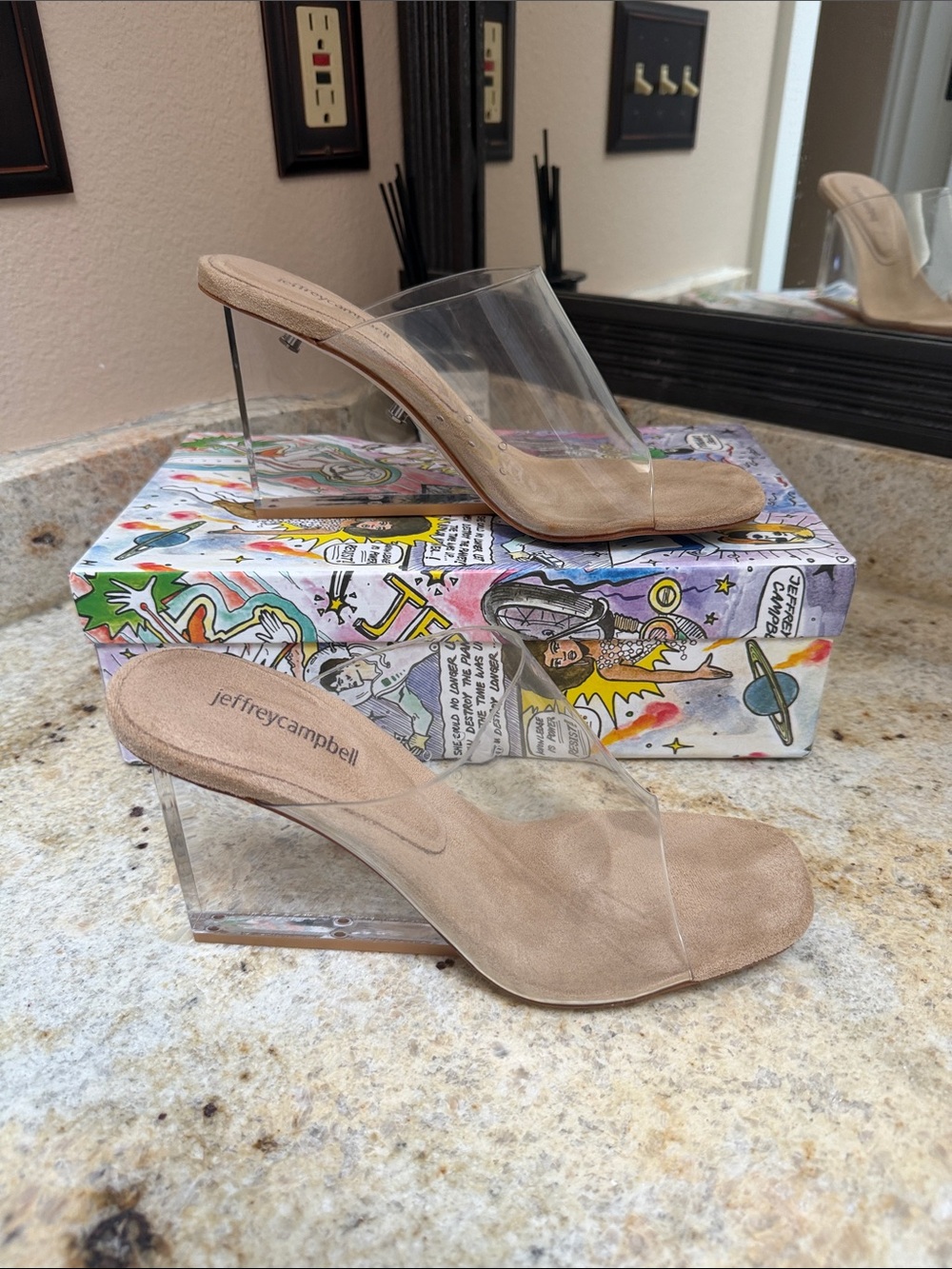 Like New Jeffrey Campbell Acetate Vinyl Nude Clear Wedge Sandals 8.5